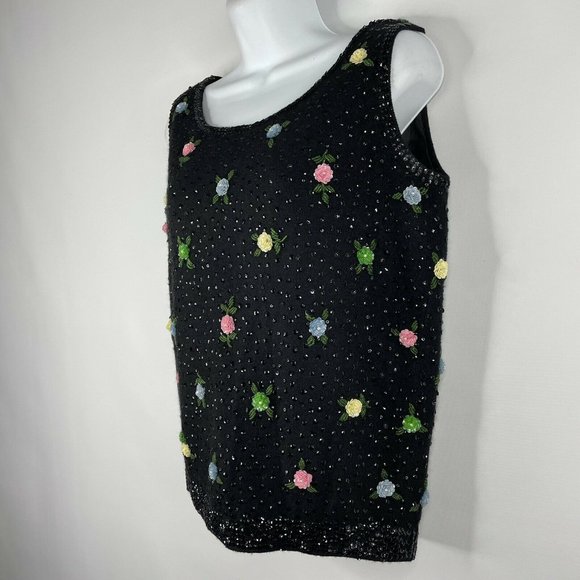 Vintage 50s Black Wool Angora Hand Beaded Sequined Rosettes Sleeveless S… - Picture 7 of 8